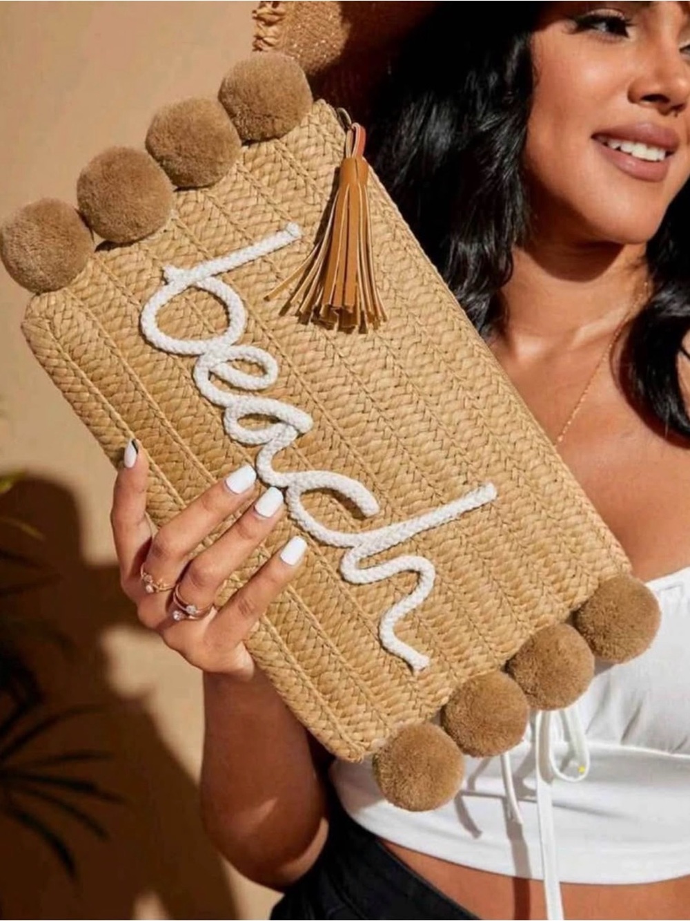 Handwoven Beige Pom-Pom Clutch beach